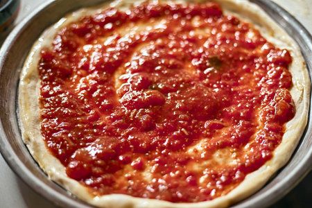 Spreading tomato sauce on pizza pan, selective focusの写真素材