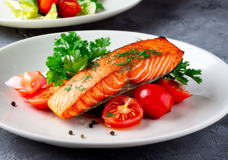 Salmon fillets baked until crispy with parsley herbsの素材