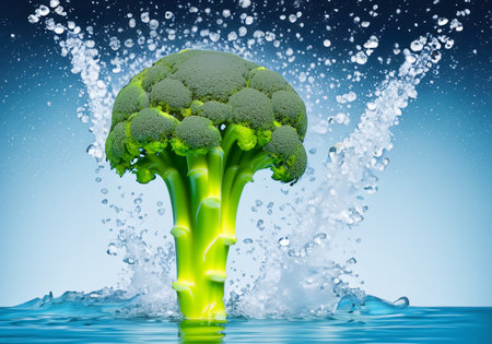 Broccoli jump out from water, studio shootの素材