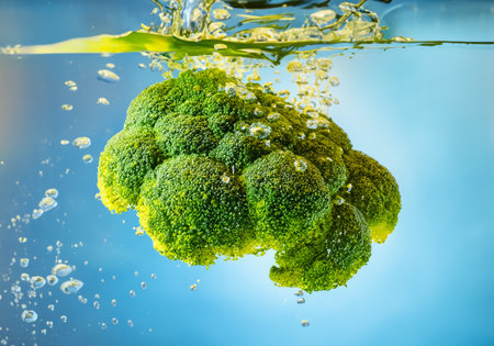Broccoli jump out from water, studio shootの素材