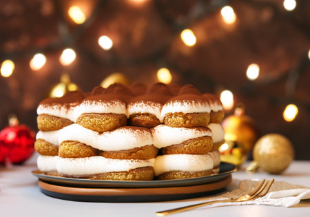 Festive Christmas Dessert Tiramisu sponge cake in bright rustic kitchen with golden Christmas Ornamentsの素材