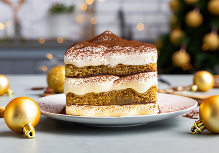 Festive Christmas Dessert Tiramisu sponge cake in bright rustic kitchen with golden Christmas Ornamentsの素材
