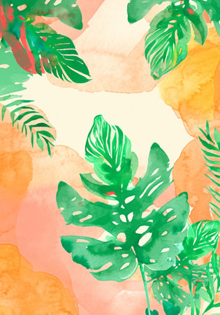 Colorful foliage tropical leaves of wall art design with watercolor art texture card template,Design Element,Abstract BackgroundsÂ の素材