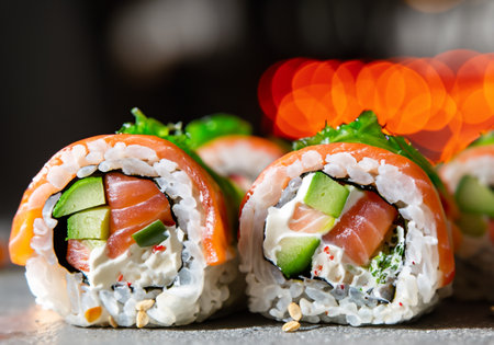 Close up of salmon roll sushi on table ,selective focusの写真素材