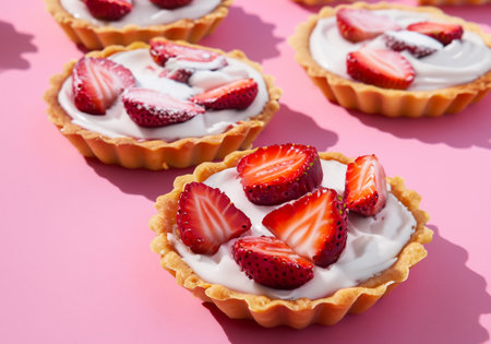 Sweet strawberry tarts on pink backgroundの素材