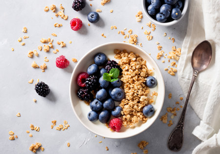 Yogurt bowl with granola and berries, selective focusの素材