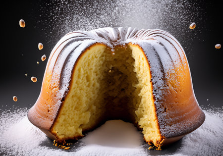 Bundt cake with powdered sugar falling downの素材