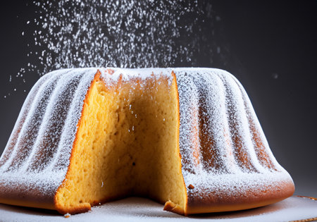 Bundt cake with powdered sugar falling downの素材