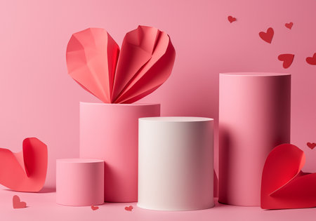 Beautiful pink Valentines day scene mockup with three different size cylinder podiums, paper hearts, copy spaceの素材