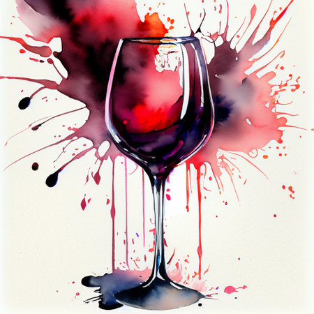 A watercolour glass of red wine with a red splashの素材