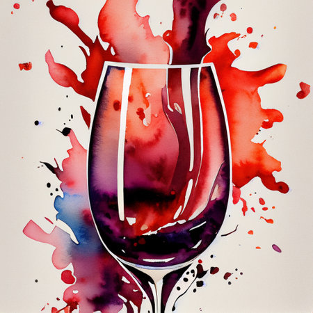 A watercolour glass of red wine with a red splashの素材