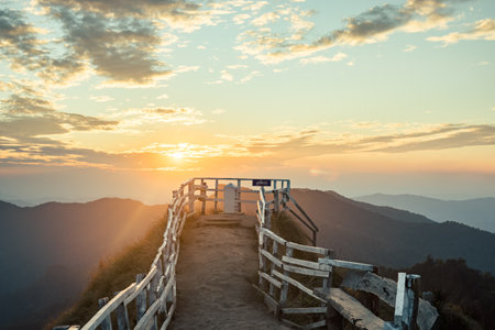 Sunrise, morning fog and the mountain,Phu Chi Dao ,Chiang rai, Thailand.の写真素材