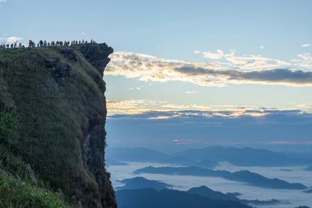 Sunrise and Mist mountain in Phu Chi Fa located in Chiang Rai, Thailand.の写真素材