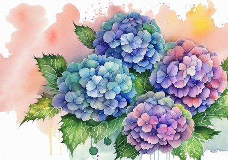 Hand painted hydrangea plant, watercolorの素材