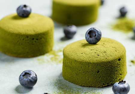 Raw Matcha Powder Cakes With Fresh Blueberriesの素材