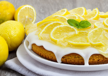 Lemon drizzle cake topped with lemon slices, blur backgroundの素材