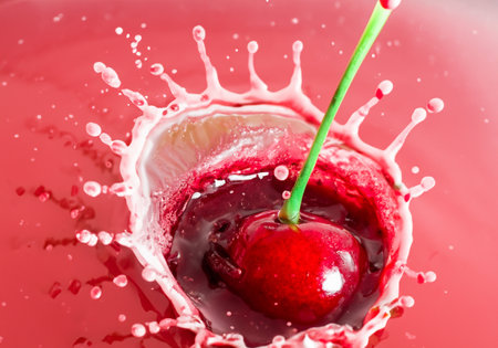 Cherries with splashes of juice on background.の素材