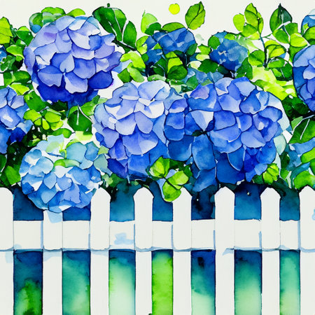 white picket fence with fully blue hydrangea ,water colorの素材