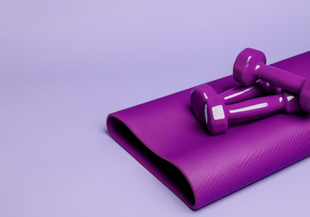 Yoga mat and dumbbells on purple background.の素材