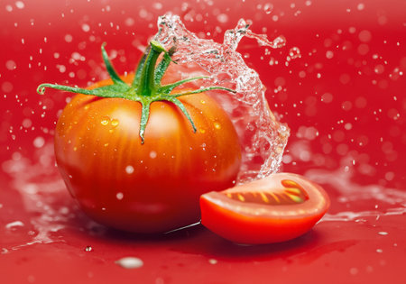 Tomato on Red background with water splashの素材