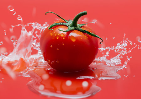 Tomato on Red background with water splashの素材