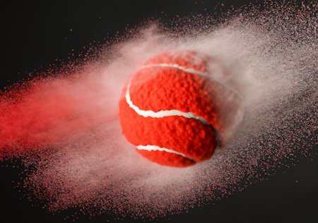 Close up Flying tennis ball in explosion of red dust, blur backgroundの素材