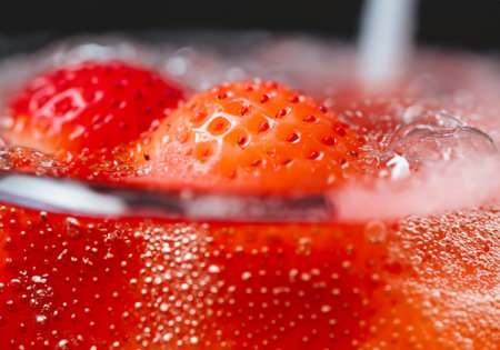 Fresh strawberry in a glass of sparkling mineral water , blur backgroundの素材