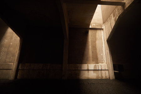 Dark concrete room with warm light, art spaceの写真素材