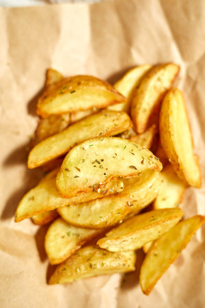 Fried Potato wedges, selective focus