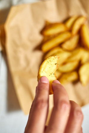 Fried Potato wedges, selective focus