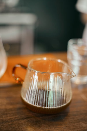 black drip coffee in glass server , selective focusの写真素材