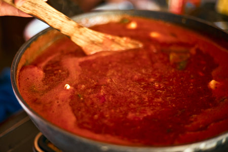 Freshly prepared pasta or pizza sauce in panの写真素材