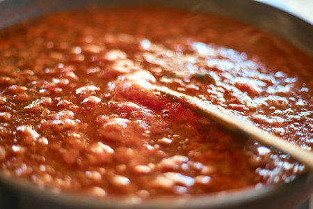 Freshly prepared pasta or pizza sauce in panの写真素材