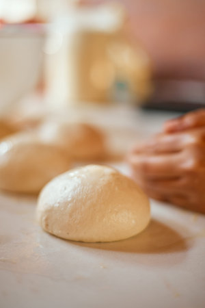 Pizza Doughï¼ŒPreparation homemade pizza on kitchen table