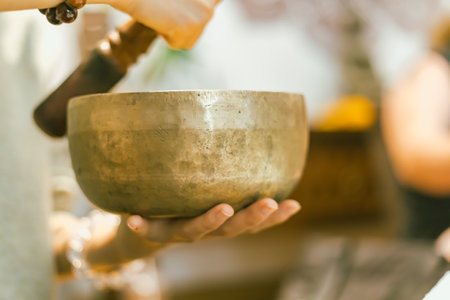 Tibetan singing copper bowl, alternative medicine.の写真素材