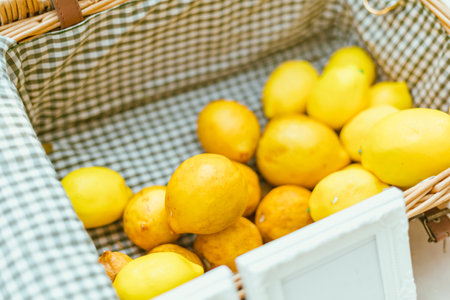 Close up basket of lemons , selective focusの写真素材