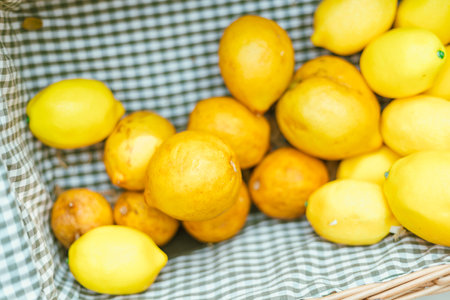 Close up basket of lemons , selective focusの写真素材