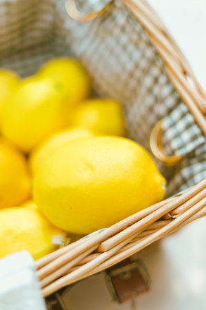 Close up basket of lemons , selective focusの写真素材