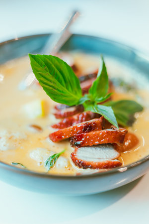 Close up roasted duck in red curry ,Thai Foodの写真素材