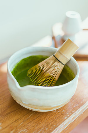 Close up matcha green tea in a bowlの写真素材