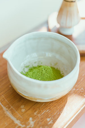 Close up matcha green tea powder in a bowlÂ の写真素材