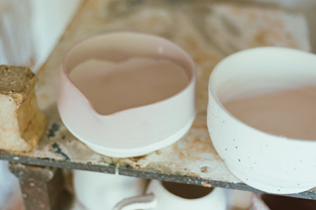 clay mugs in kiln for firing pottery in pottery studio.の写真素材