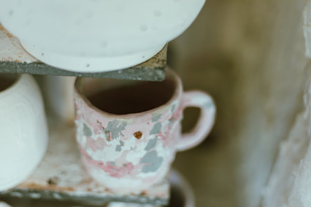 clay mugs in kiln for firing pottery in pottery studio.の写真素材