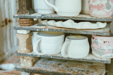 clay mugs in kiln for firing pottery in pottery studio.の写真素材