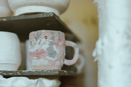 clay mugs in kiln for firing pottery in pottery studio.の写真素材