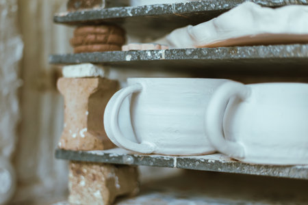 clay mugs in kiln for firing pottery in pottery studio.の写真素材