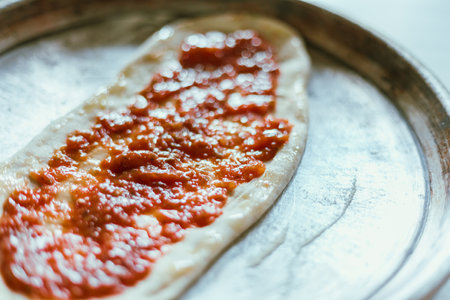 Spreading tomato sauce on pizza pan, selective focusの写真素材