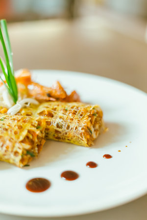 Pad thai ,Thai food ,Beautiful and tasty food on a plate, exquisite dish, creative restaurant meal conceptの写真素材