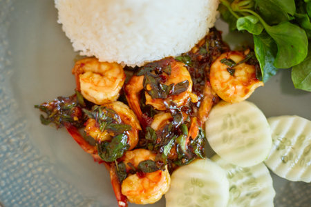 Close up Stir fried shrimp basil ,thai food.の写真素材