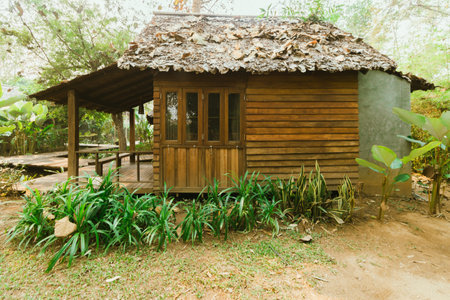 Local wooden house with tropical garden in Thailand.の写真素材